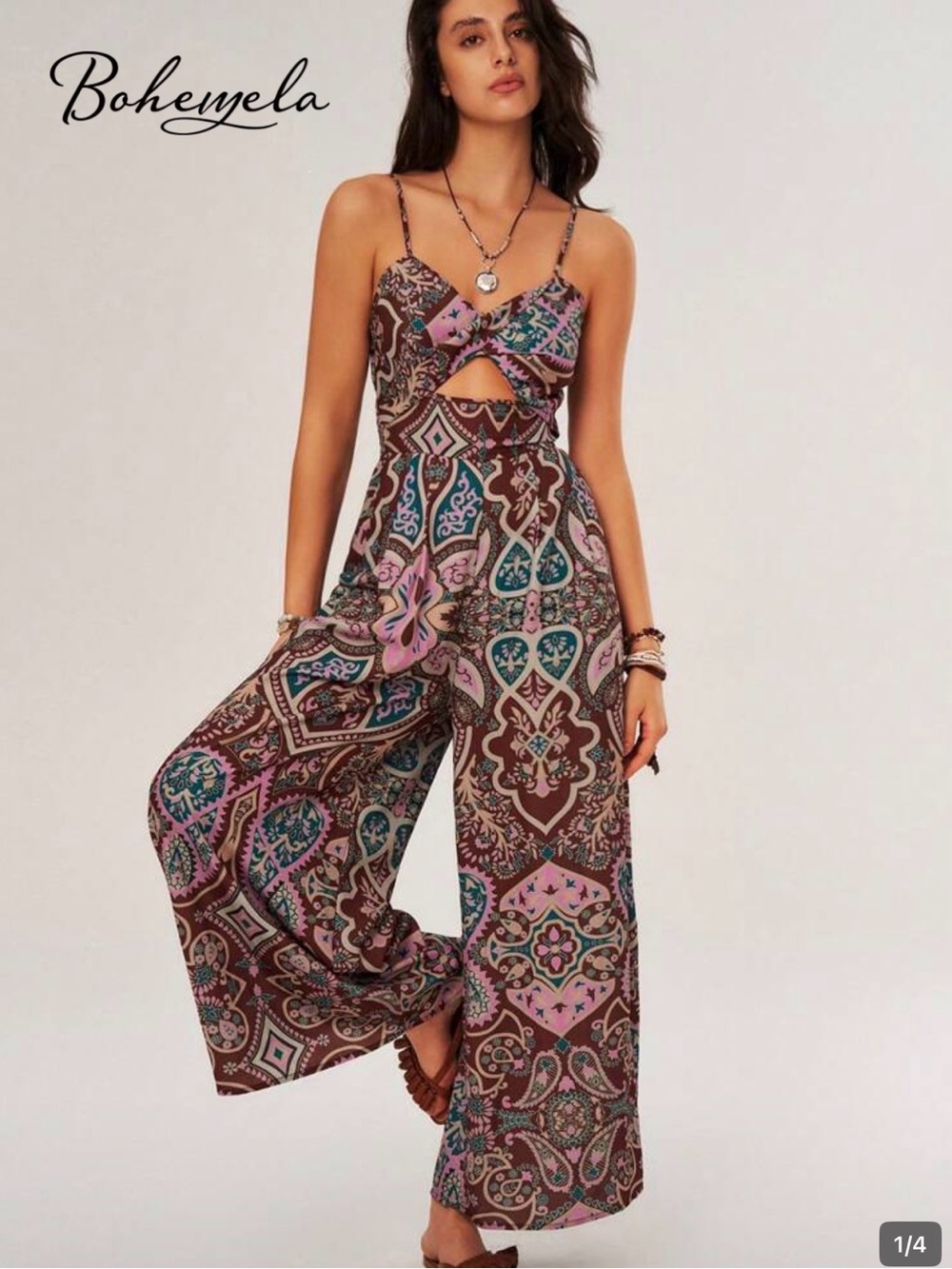 SHEIN Brown Paisley Cutout Jumpsuit with Pink & Teal Accents